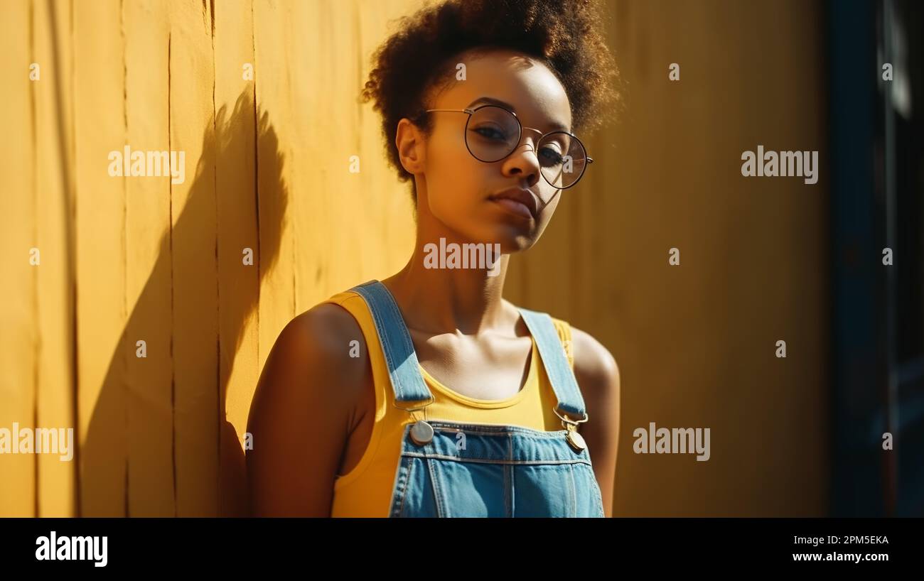 Afro young woman on yellow tank top and denim blue dungarees Stock Photo