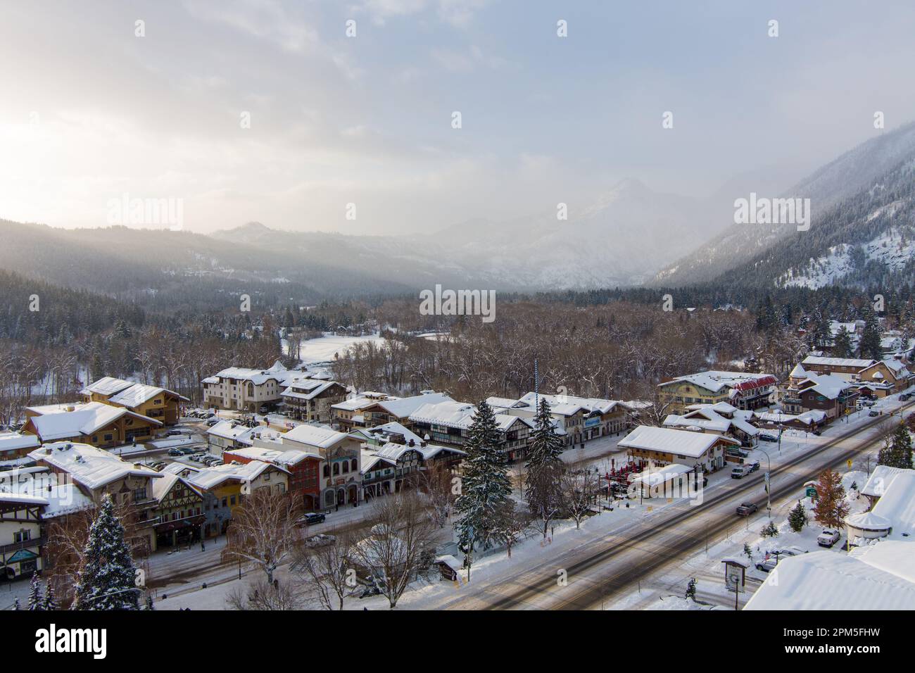 Aerial view of Leavenworth, Washington at sunrise in December Stock