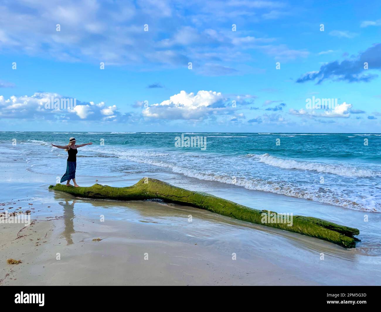 Woman with arms outstretched walking on driftwood log on beach Stock Photo