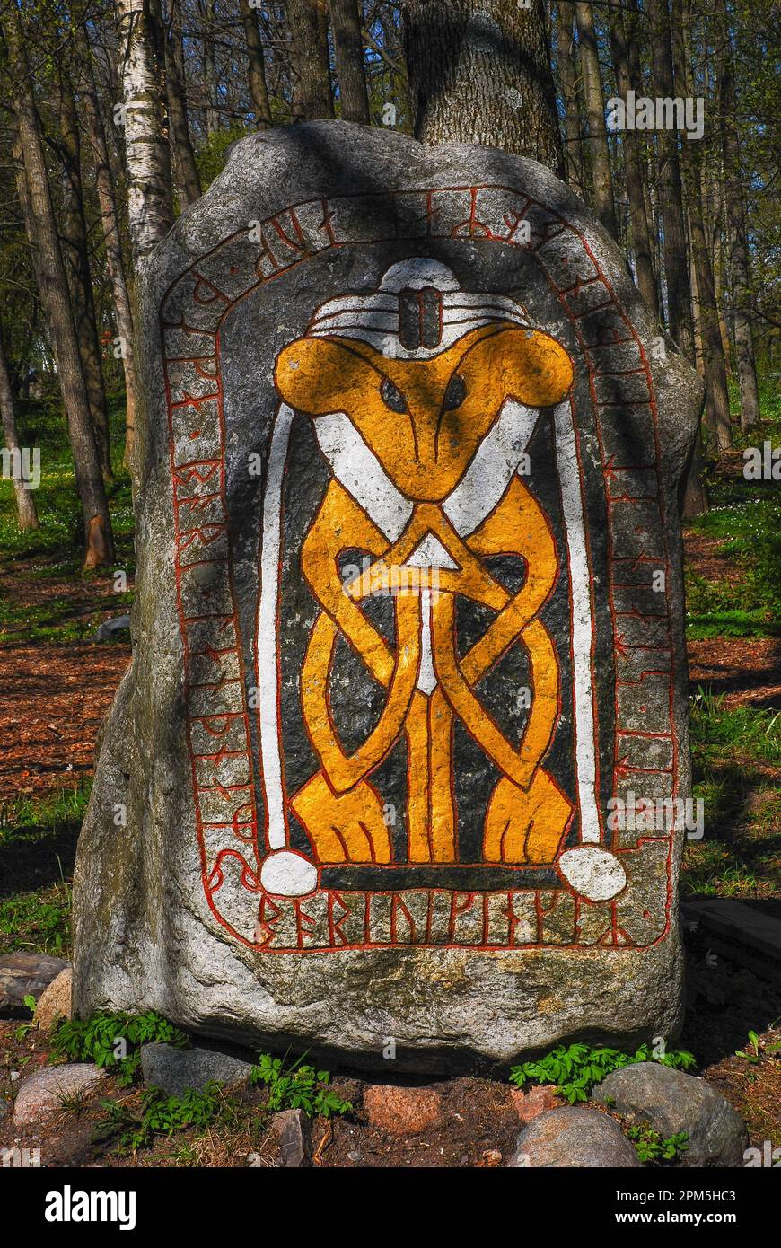 Viking rune stone. Runic inscriptions on the runestone. Borre, Norway