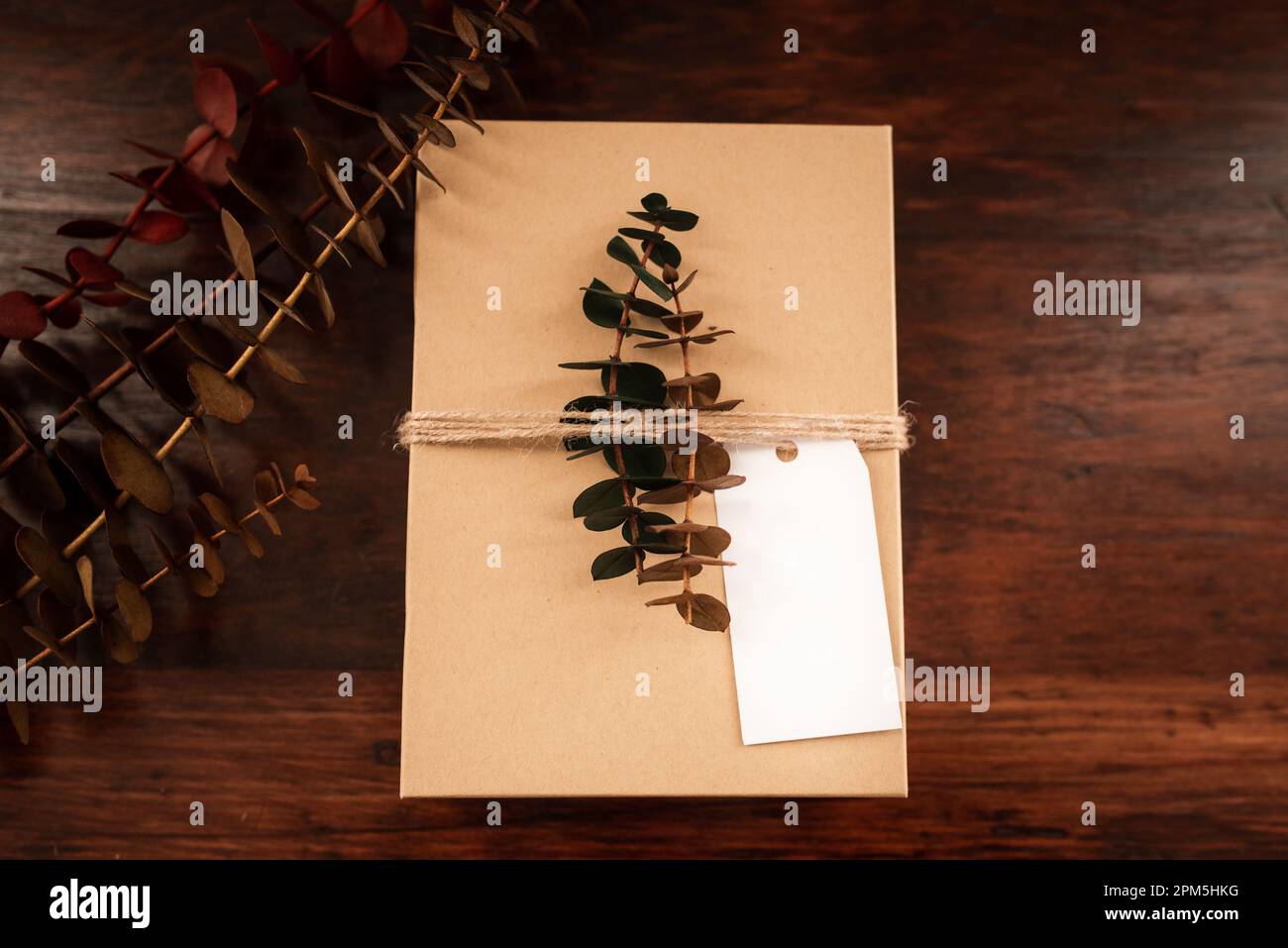Blank white gift tag with brown present box, twine, eucalyptus leaves Stock Photo