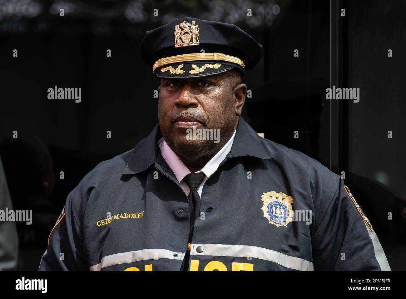 NYPD Chief of Deprtament Jeffrey Maddrey attends NYPD announcement of deployment of innovative technologies on Times Square in New York on April 11, 2023 Stock Photo