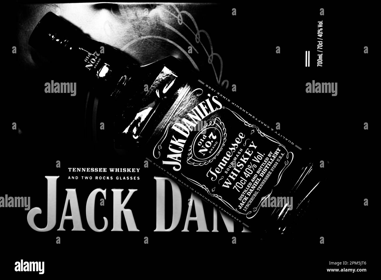 Lviv, Ukraine - 24 December 2017: Jack Daniel's bottle and metal box gift on black background Stock Photo