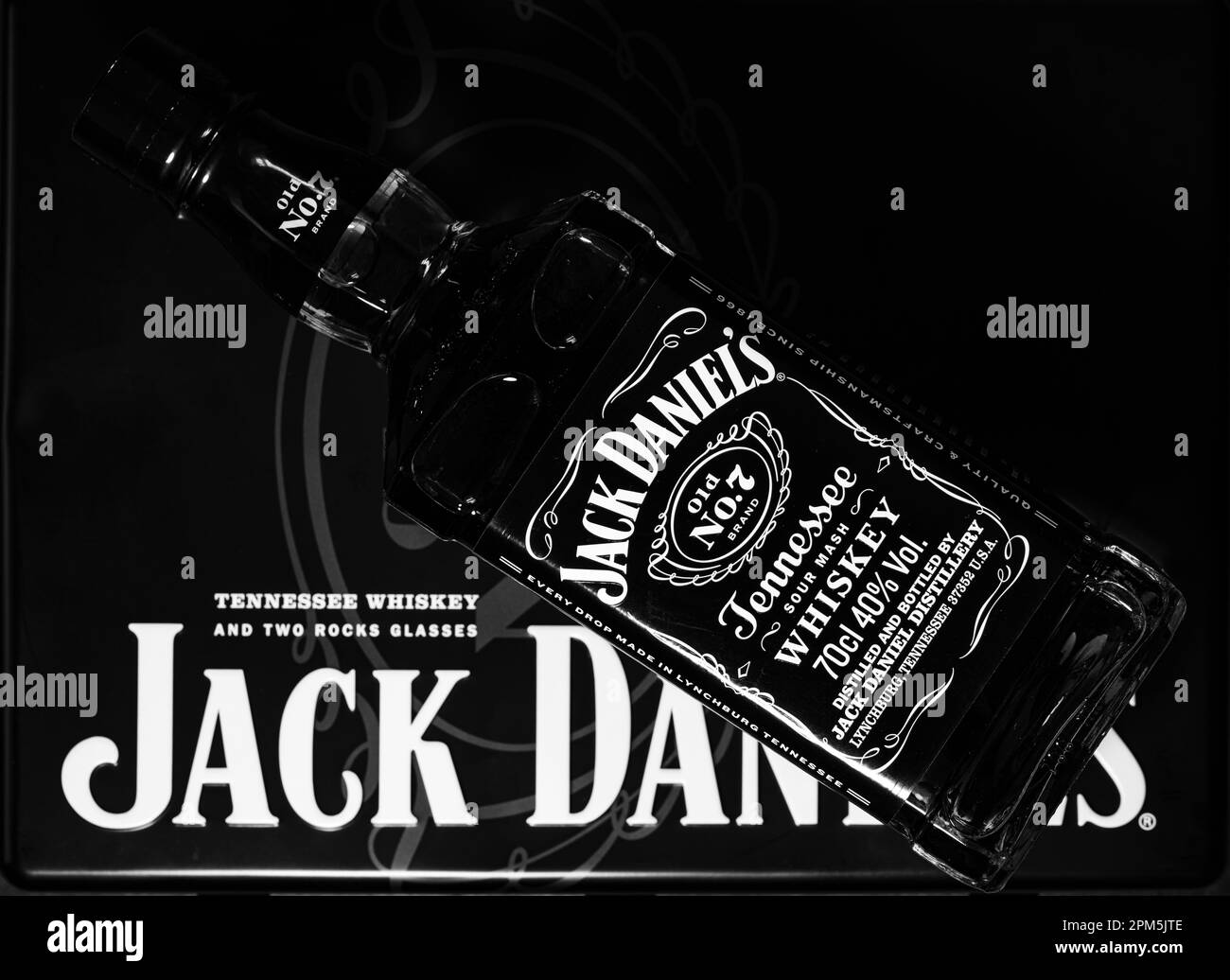 Lviv, Ukraine - 24 December 2017: Jack Daniel's bottle and metal box gift on black background Stock Photo