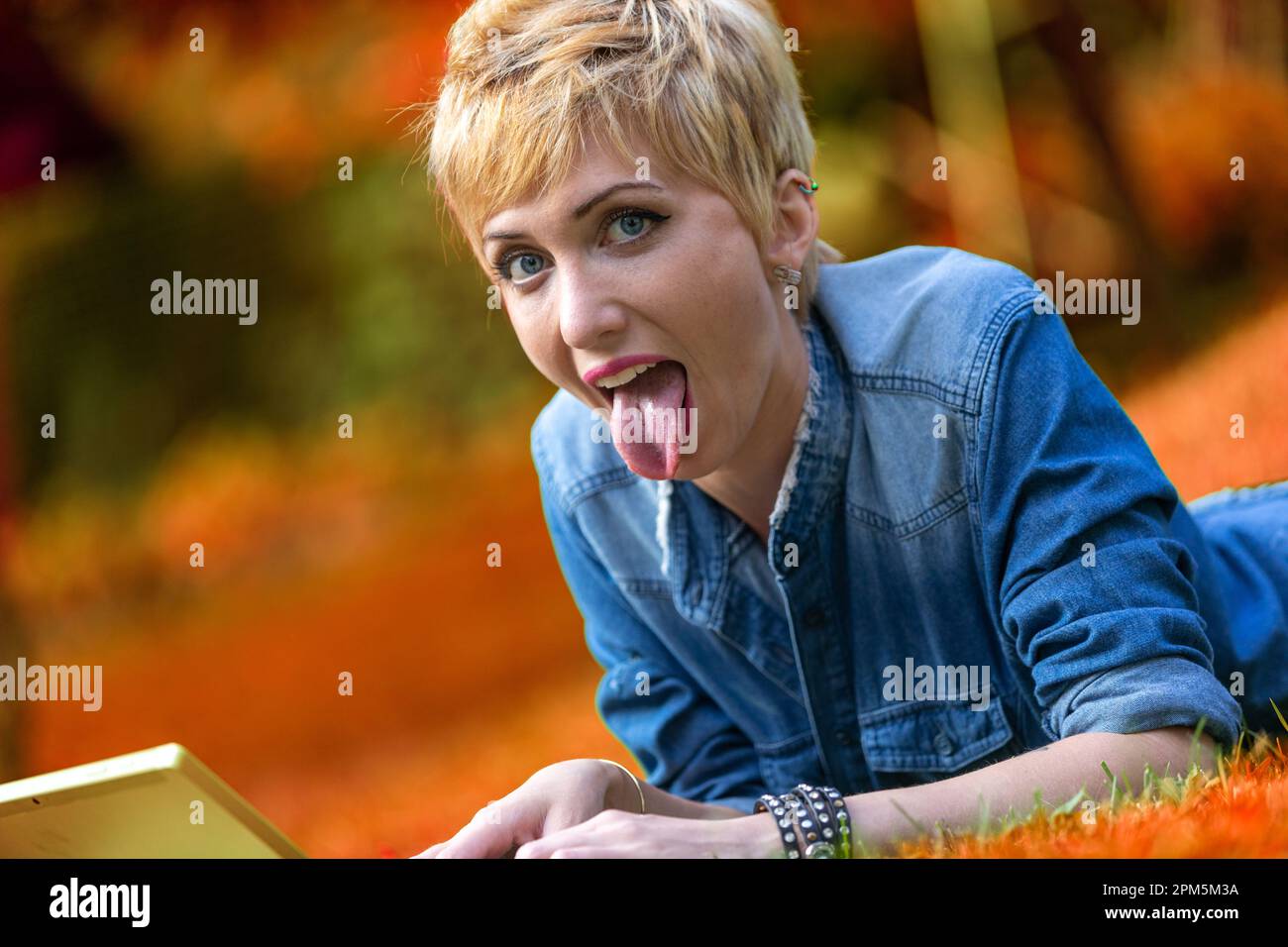 Colorful portrait of a young woman lying face-down on the grass while using a laptop-tablet combo. She sticks her tongue out fully, rolling her eyes, Stock Photo