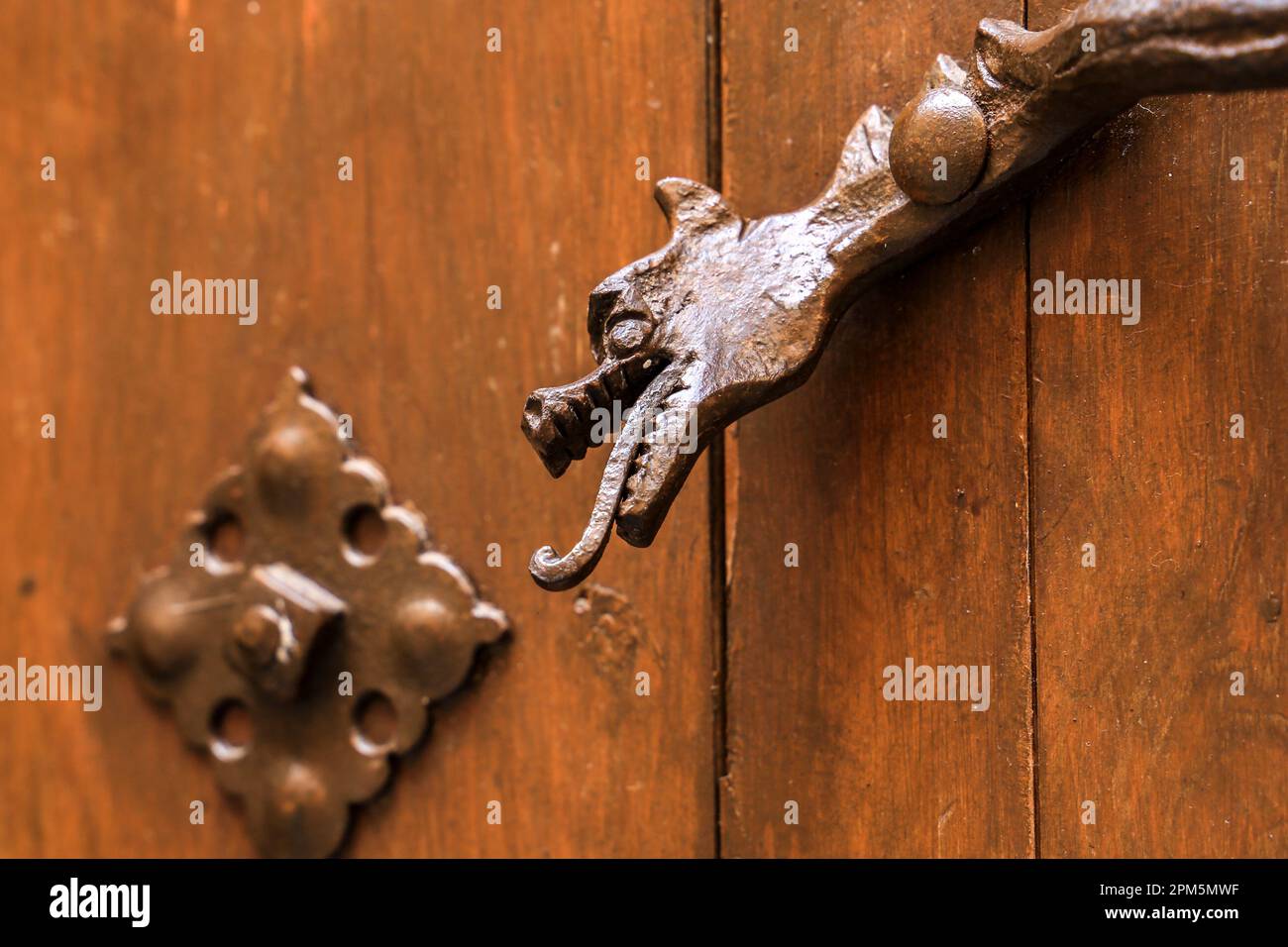 Beautiful golden door handle with mythological dragon shape with wings