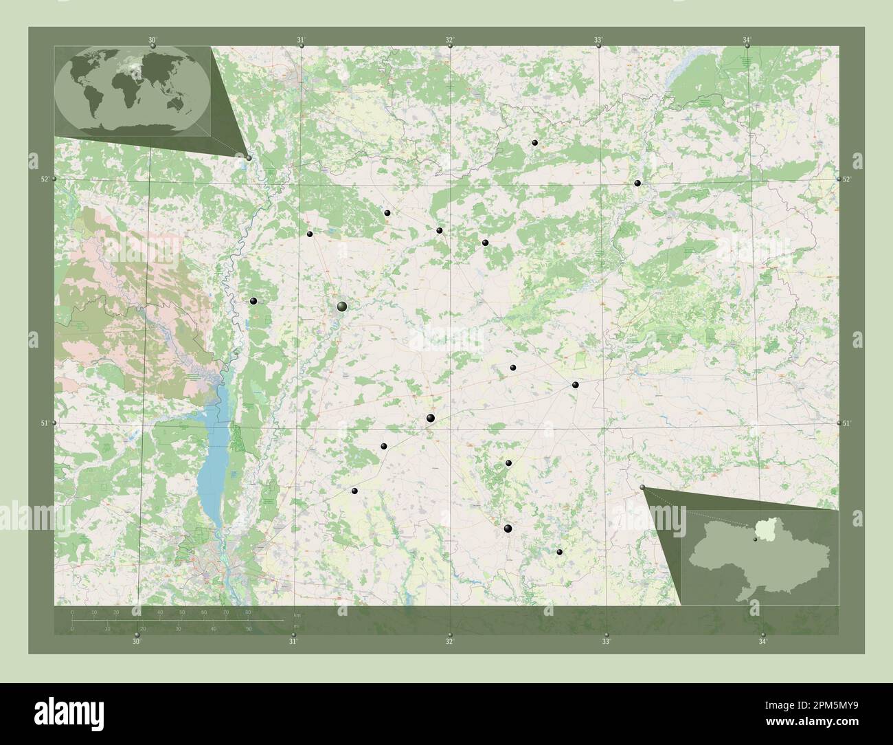 Chernihiv, region of Ukraine. Open Street Map. Locations of major ...