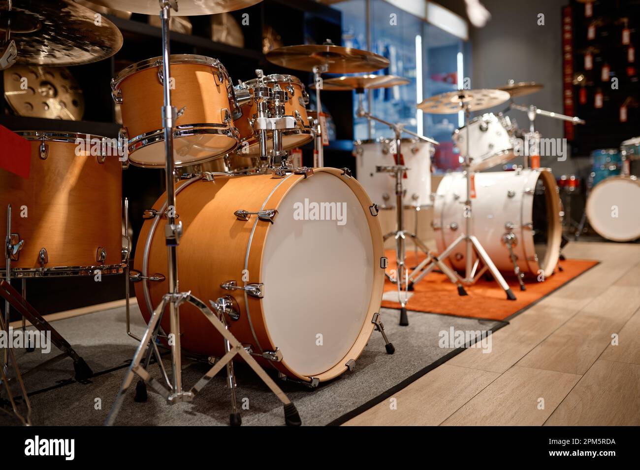 Drum set display at processional percussion musical instruments shop