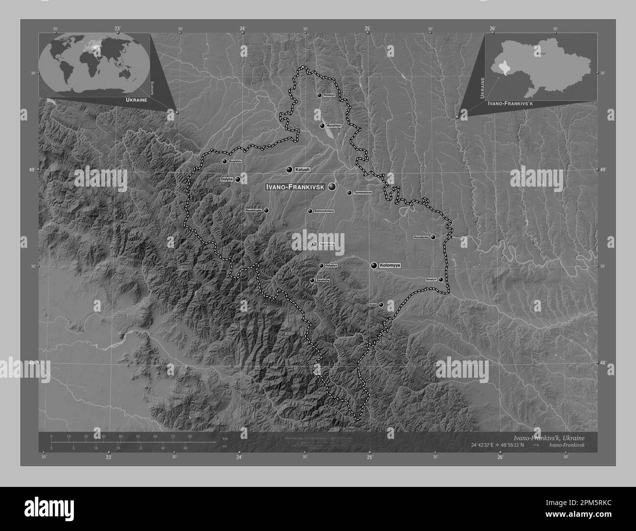 Ivano-Frankivs'k, region of Ukraine. Grayscale elevation map with lakes and rivers. Locations and names of major cities of the region. Corner auxiliar Stock Photo