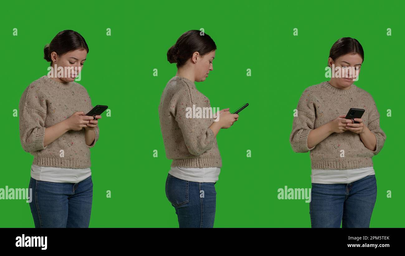 Close up of girl texting messages on mobile phone, using social media