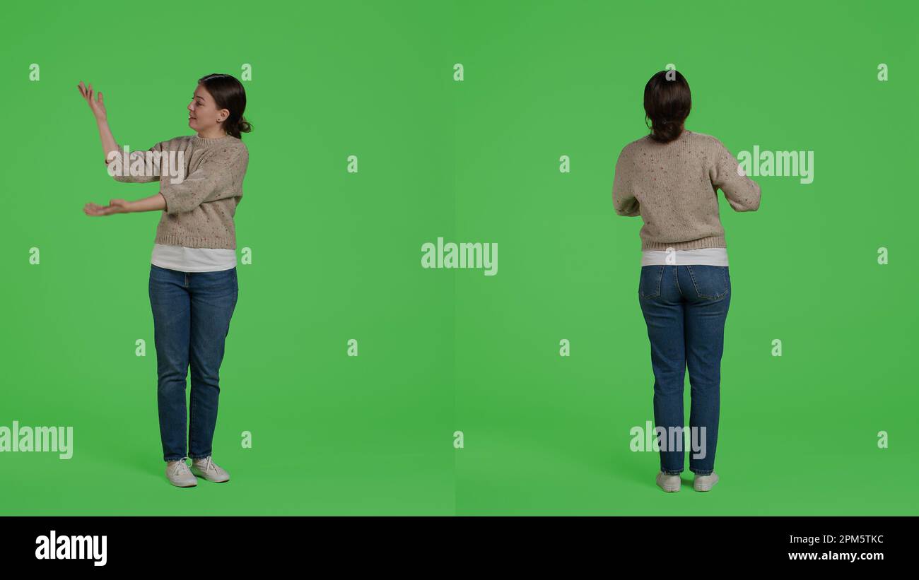 Friendly person doing advertisement and example sign in studio ...