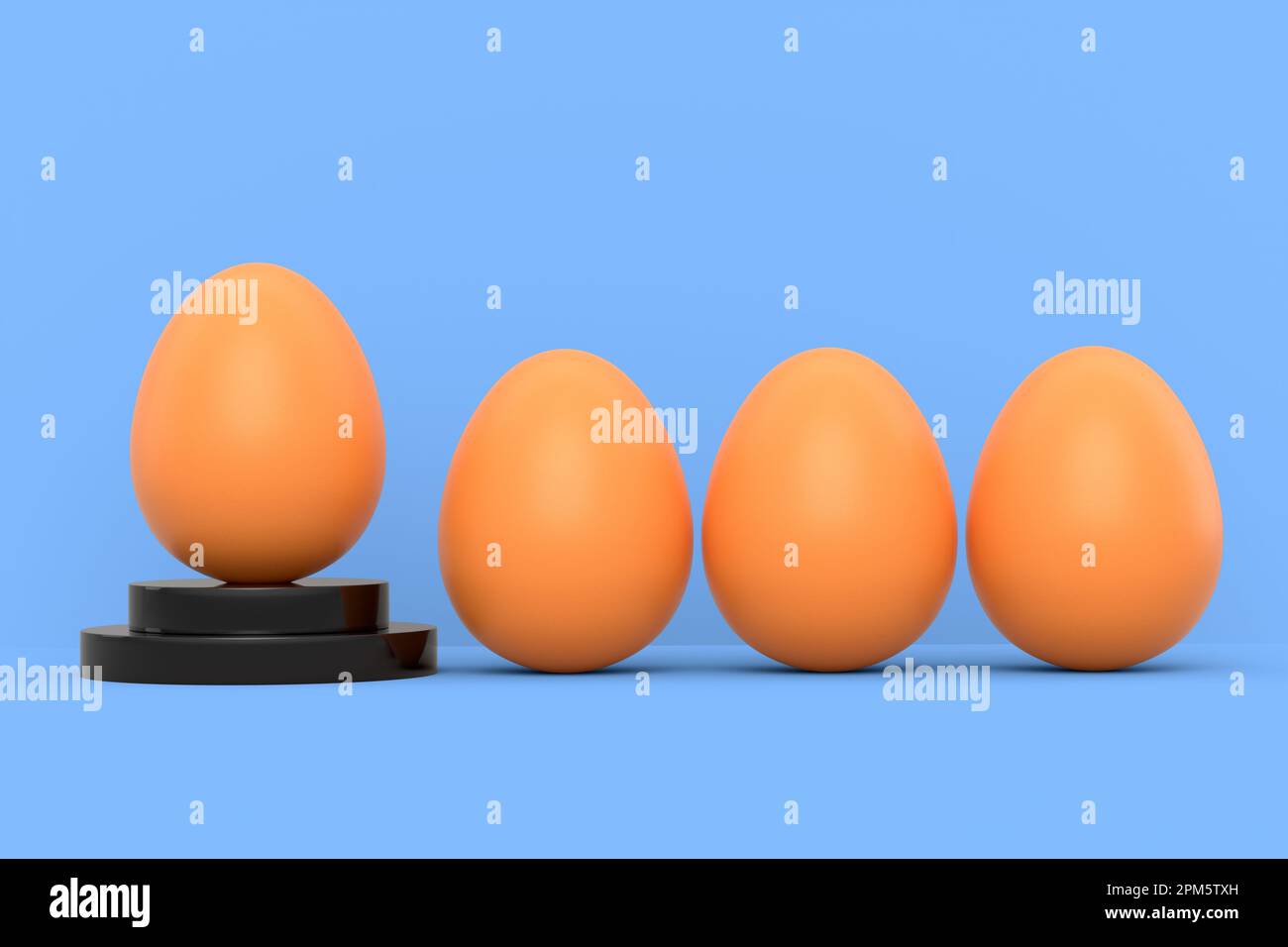 Farm brown chicken egg on podium and crowd of eggs standing in line on