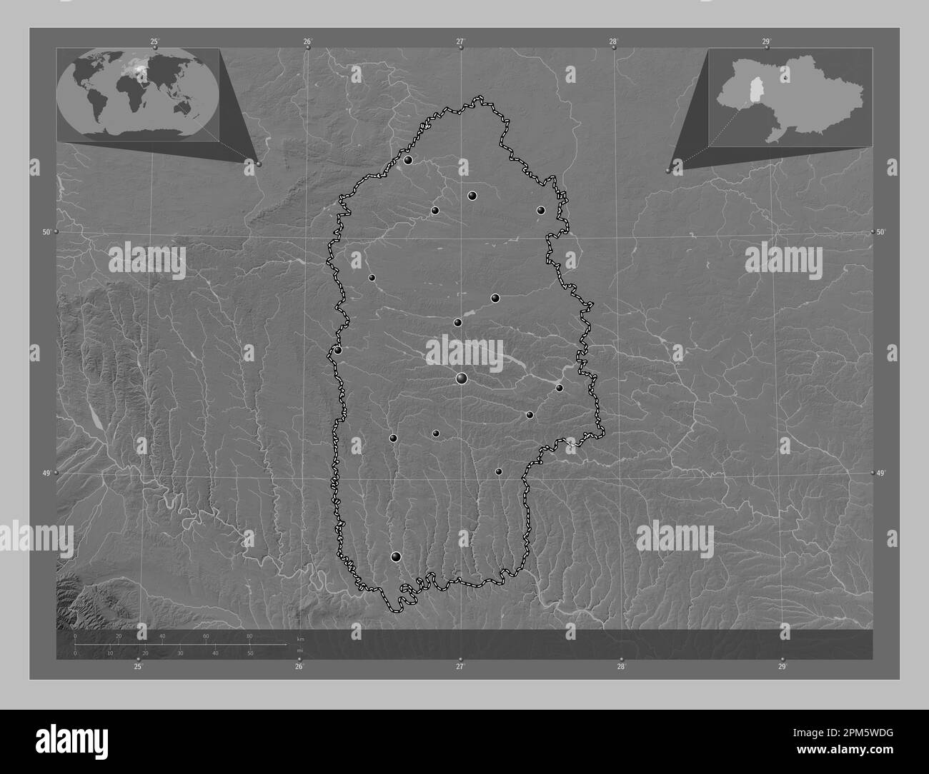 Khmel'nyts'kyy, region of Ukraine. Grayscale elevation map with lakes and rivers. Locations of major cities of the region. Corner auxiliary location m Stock Photo