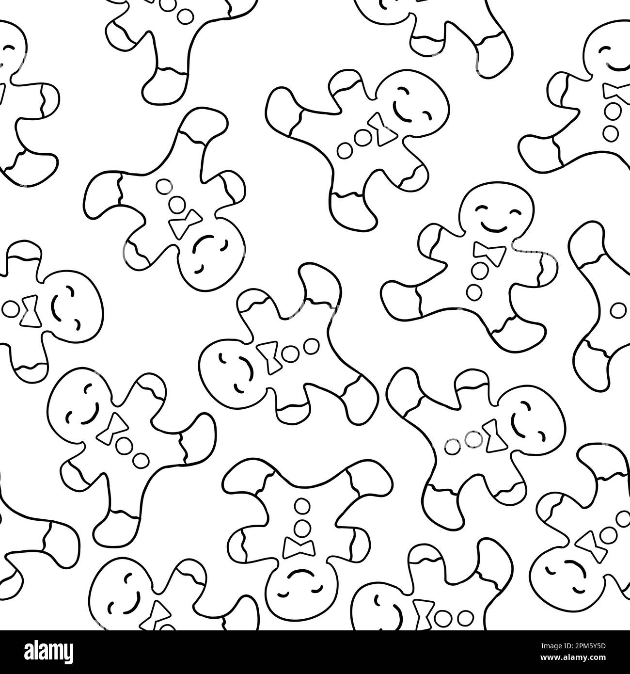 Gingerbread man in outline doodle style. Christmas and New Year cookie. Vector seamless pattern isolated on white background. Stock Vector