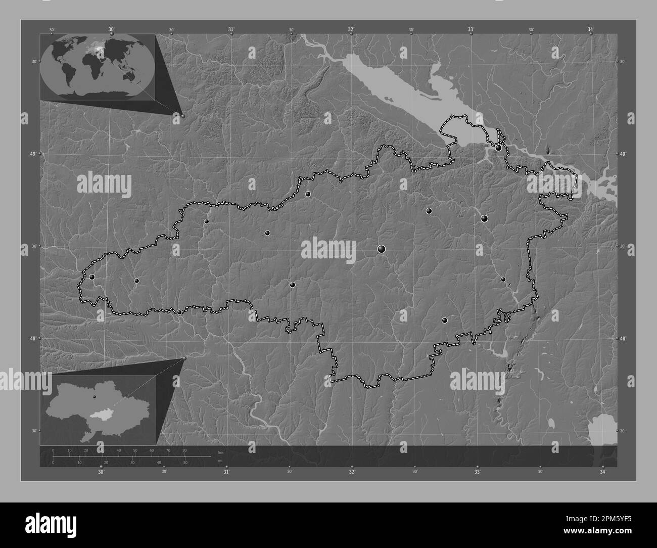 Kirovohrad, region of Ukraine. Bilevel elevation map with lakes and rivers. Locations of major cities of the region. Corner auxiliary location maps Stock Photo