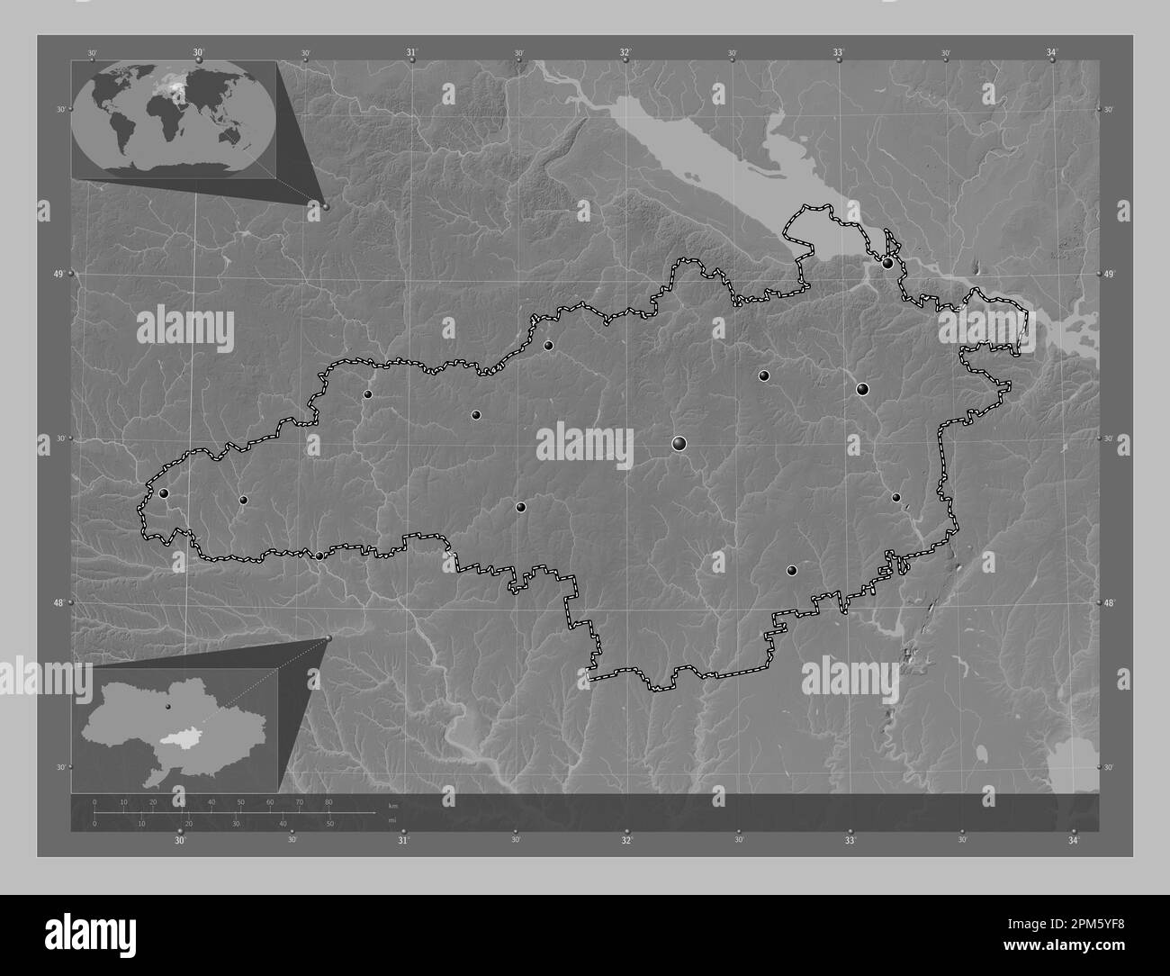 Kirovohrad, region of Ukraine. Grayscale elevation map with lakes and rivers. Locations of major cities of the region. Corner auxiliary location maps Stock Photo