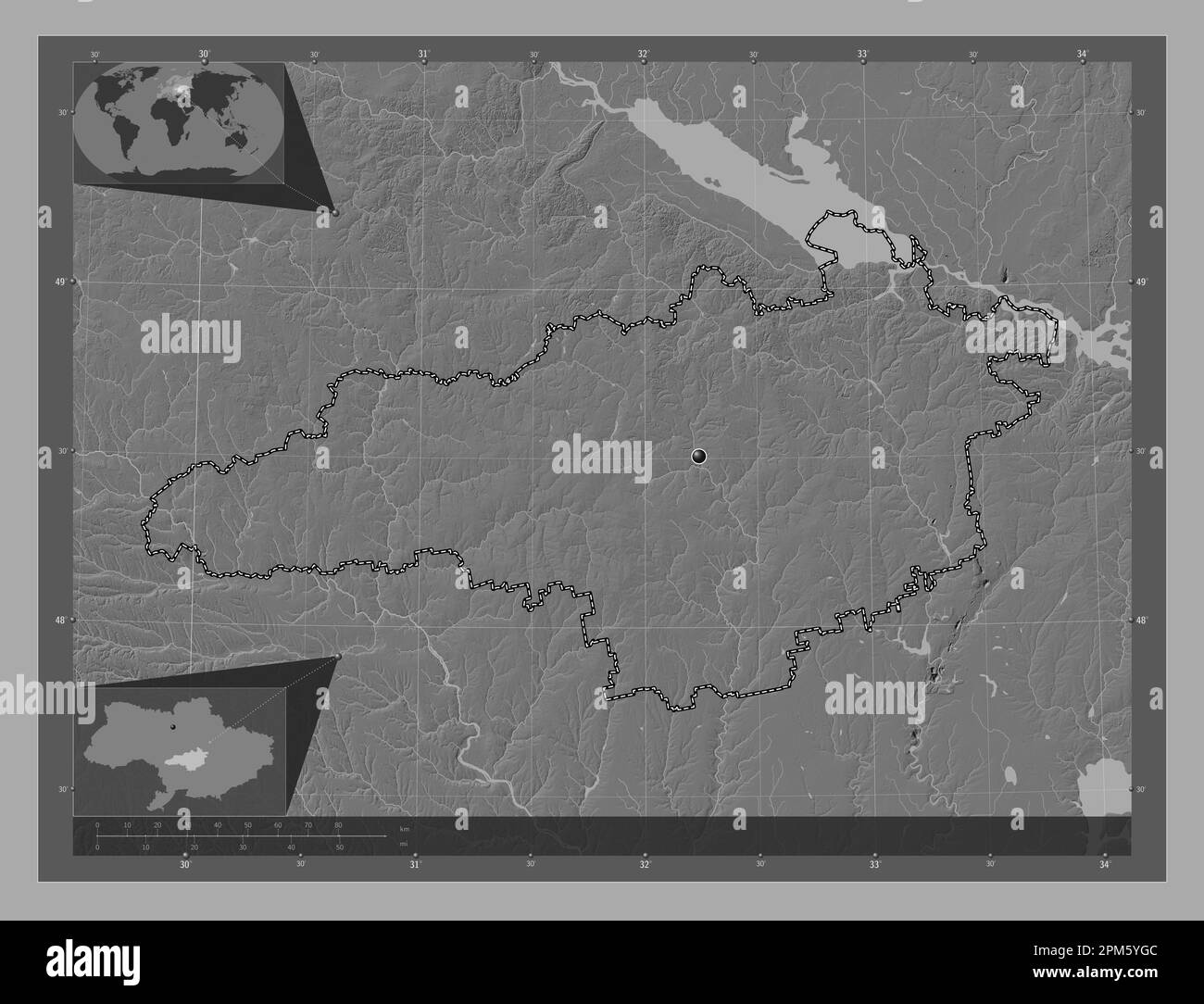 Kirovohrad, region of Ukraine. Bilevel elevation map with lakes and rivers. Corner auxiliary location maps Stock Photo