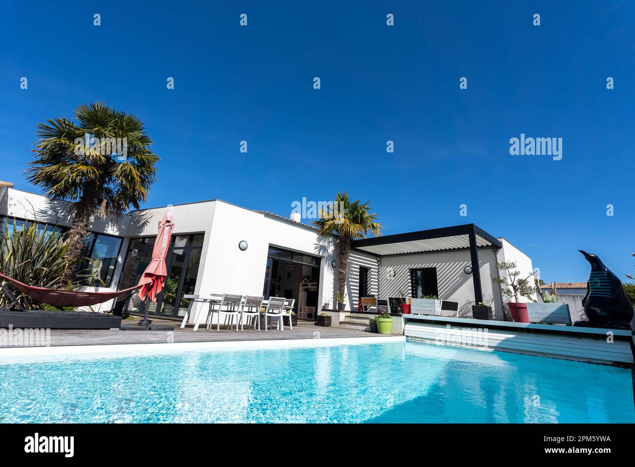 Trendy outdoor patio pergola shade structure, awning and patio roof