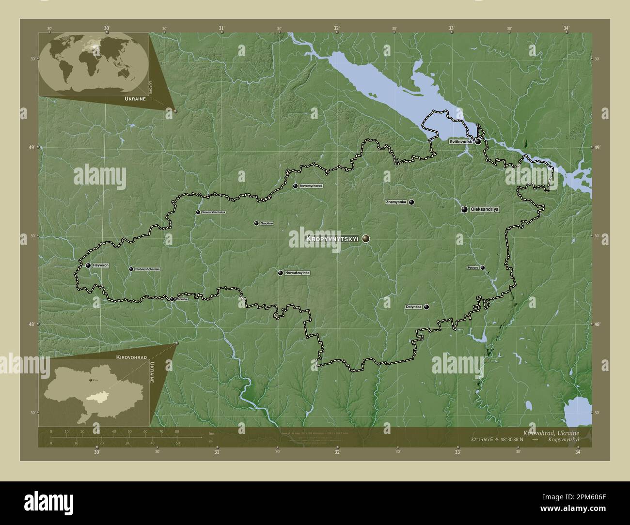 Kirovohrad, region of Ukraine. Elevation map colored in wiki style with