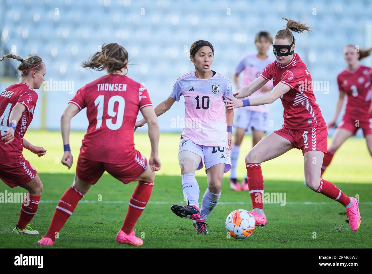 Odense, Denmark. 11th Apr, 2023. Mana Iwabuchi (10) of Japan and Karen Holmgaard (6) of Denmark seen during the football friendly between Denmark and Japan at Odense Stadion in Odense. (Photo Credit: Gonzales Photo/Alamy Live News Stock Photo