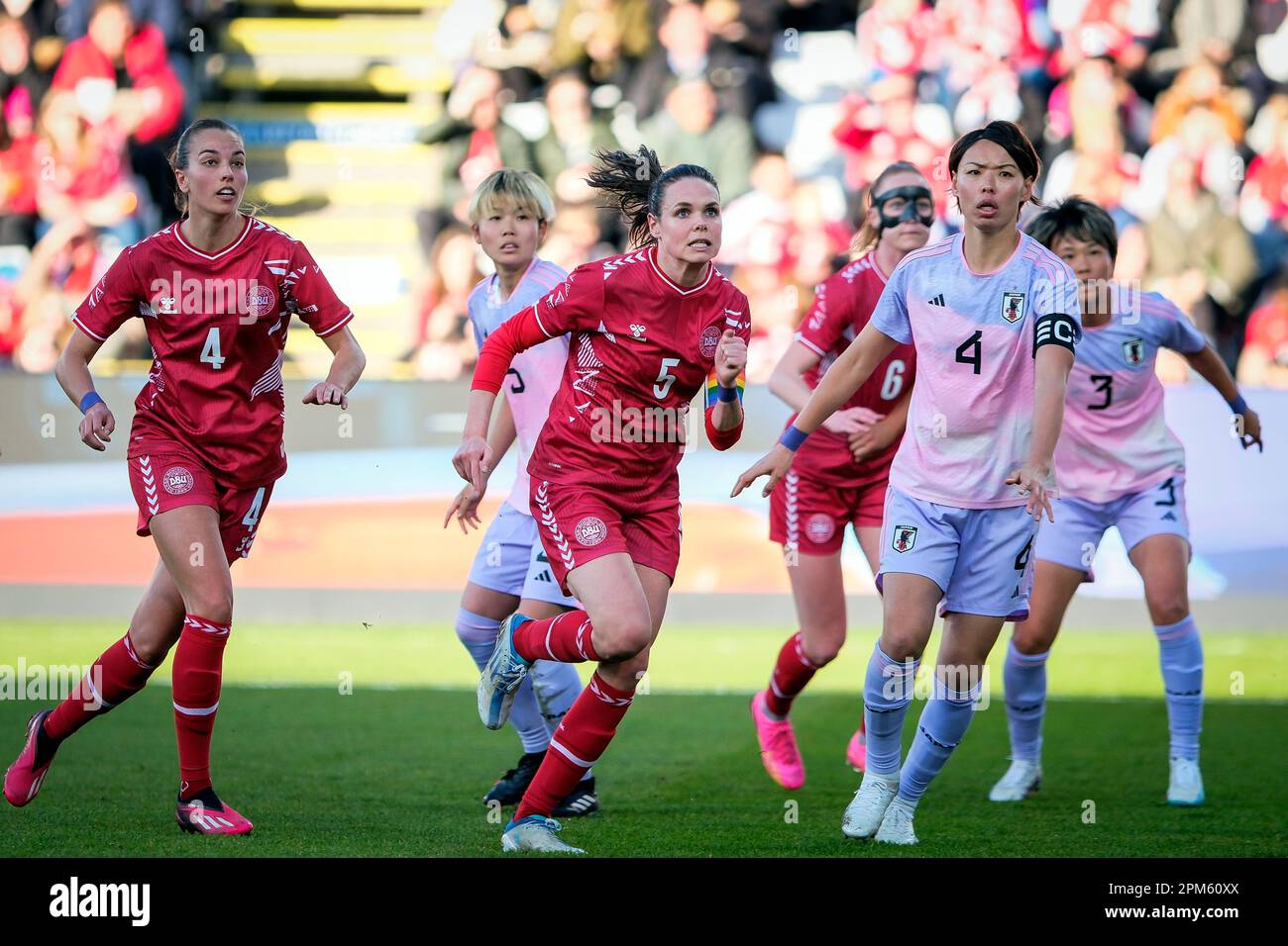 Odense, Denmark. 11th Apr, 2023. Simone Boye (5) of Denmark and Saki ...