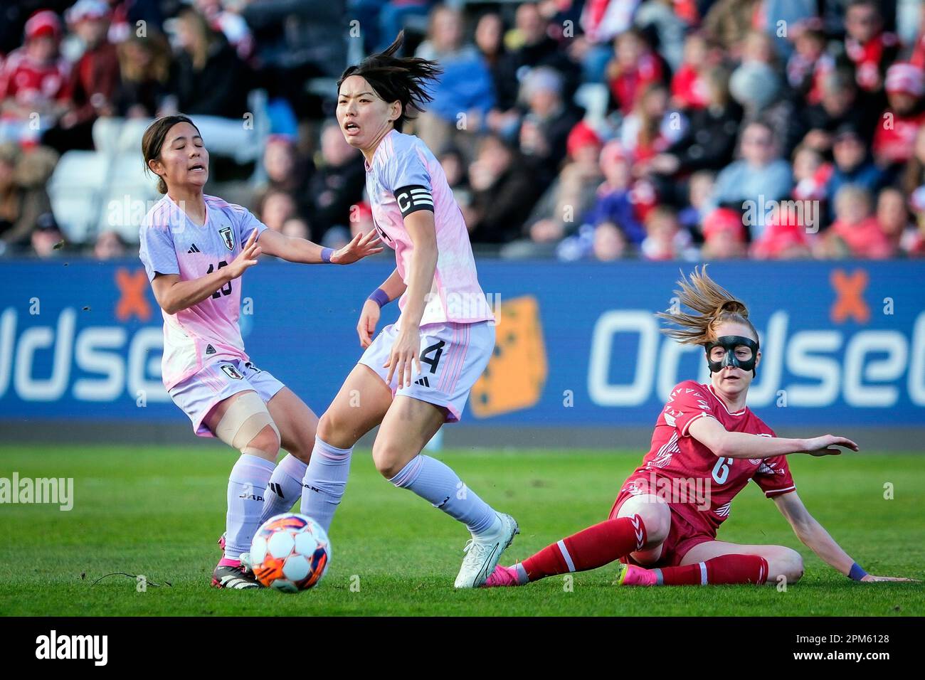 Odense, Denmark. 11th Apr, 2023. Saki Kumagai (4) of Japan and Karen Holmgaard (6) of Denmark seen during the football friendly between Denmark and Japan at Odense Stadion in Odense. (Photo Credit: Gonzales Photo/Alamy Live News Stock Photo