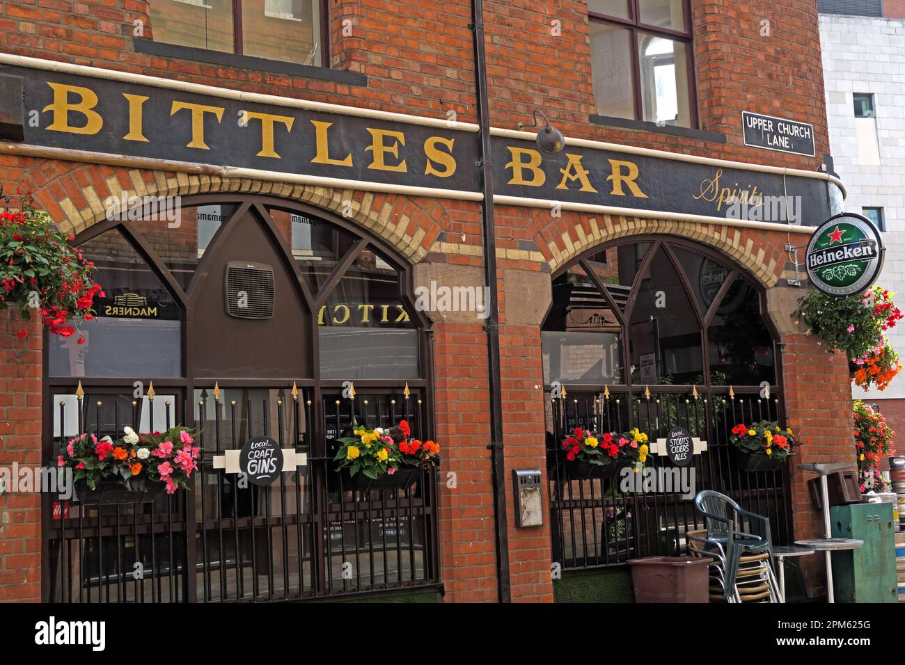 Historic Bittles Bar in its distinctive Victorian flat-iron building on Upper Church Lane in Belfast city centre, Northern Ireland,BT1 4QL Stock Photo