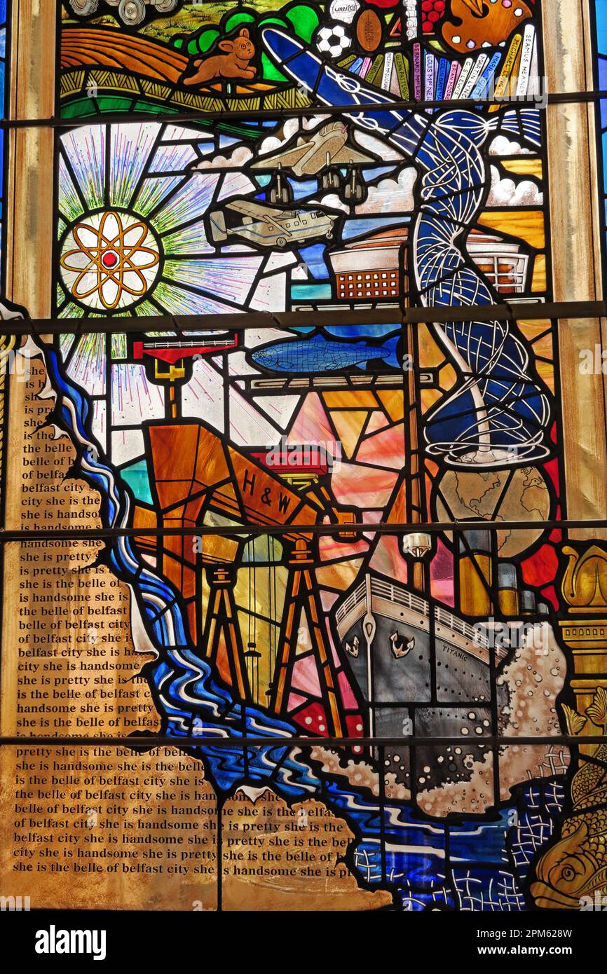 Titanic & Ulster ingenuity, maritime stained glass at Belfast City Hall, Donegall Square North, Belfast, Antrim, Northern Ireland, UK,  BT1 5GS Stock Photo