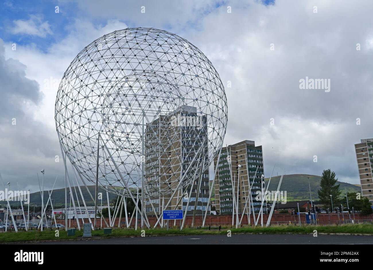 Rise -  landmark white balls artwork by Wolfgang Buttress, located at Broadway Roundabout, A12 Westlink, Belfast, Co Antrim, Northern Ireland, UK, Stock Photo
