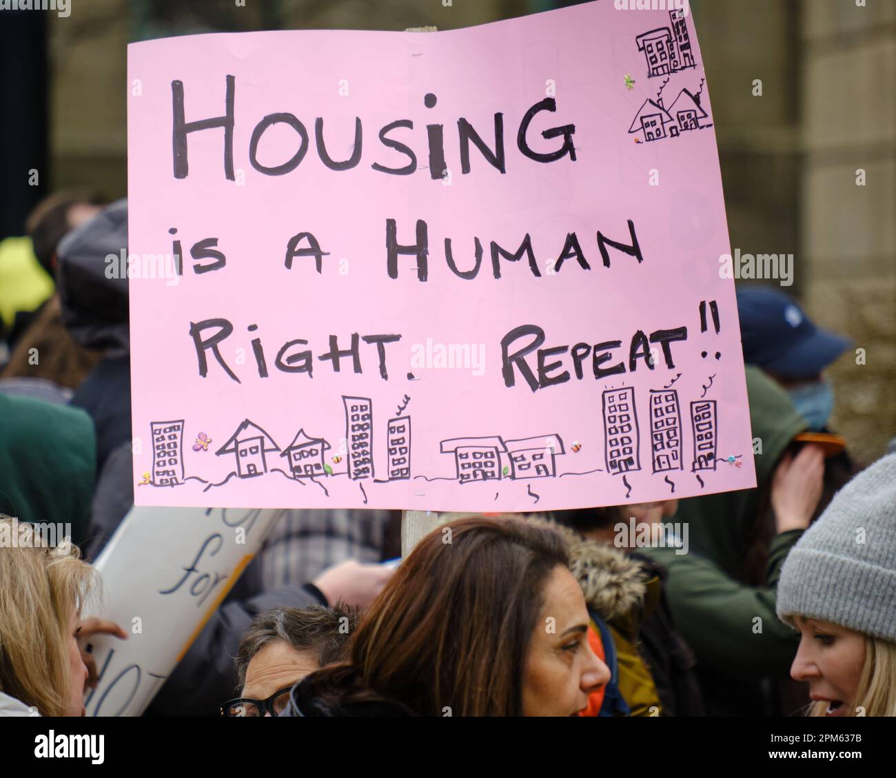 Halifax,, Canada. April 2023.  'Housing is a human Right' sign at protest to demand actions to help in the ongoing housing crisis Stock Photo