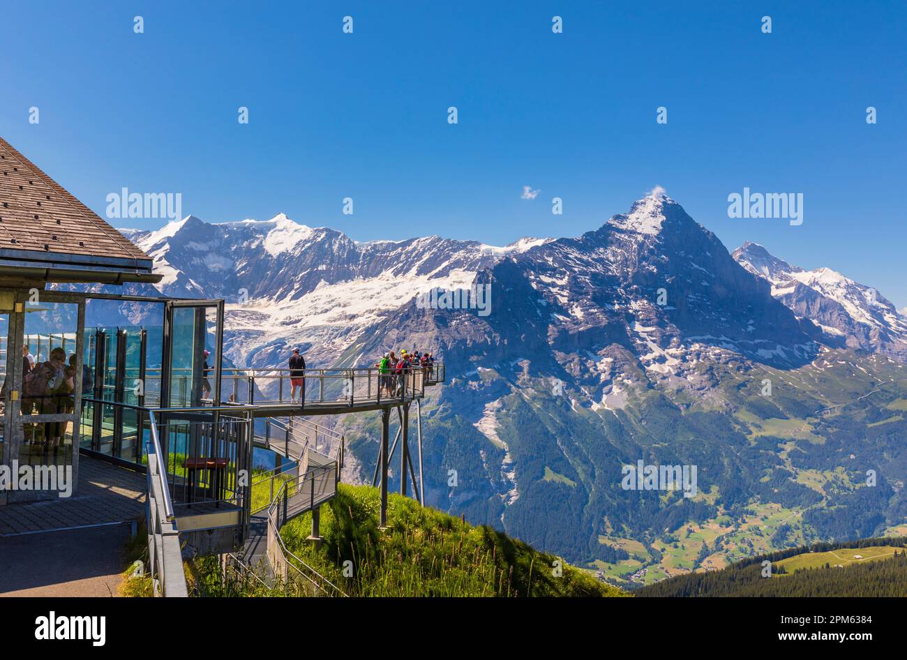 First Cliff Walk walkway, an aerial panoramic viewing platform in Grindelwald-First, Jungfrau region, Bernese Oberland, Switzerland and Eiger views Stock Photo