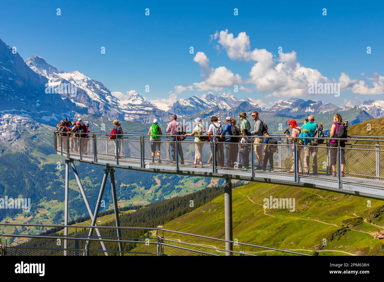 First Cliff Walk walkway, an aerial panoramic viewing platform in Grindelwald-First, Jungfrau region, Bernese Oberland, Switzerland and Eiger views Stock Photo