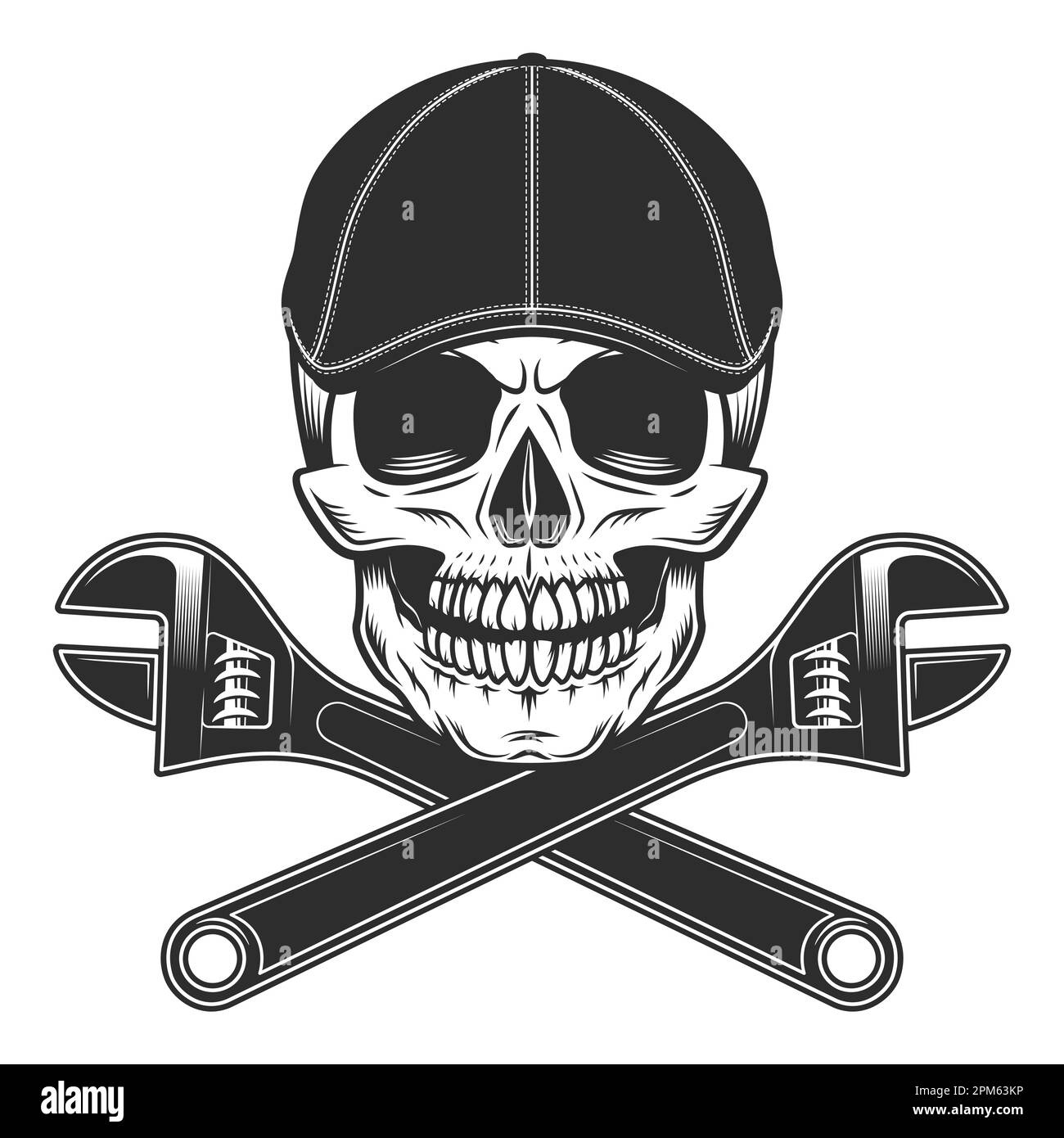 Skull in gangster gatsby tweed hat flat cap with construction plumbing ...