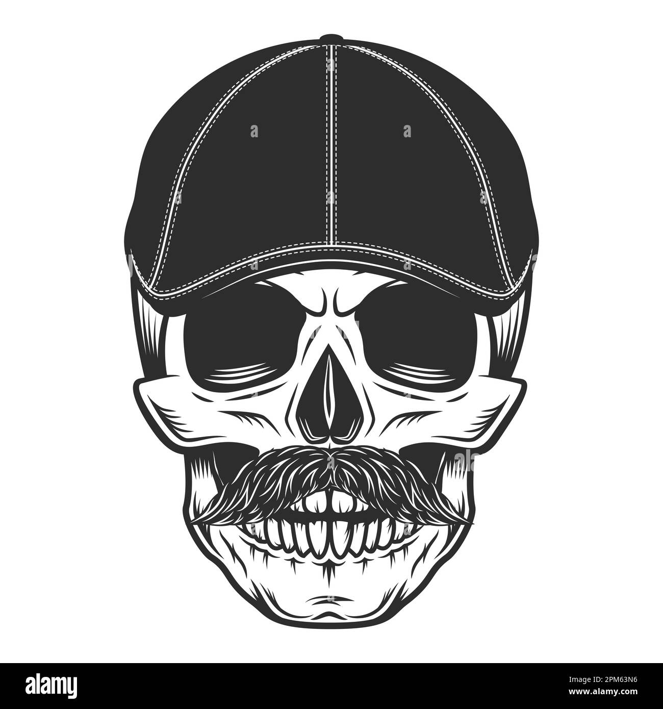 Skull in gangster gatsby tweed hat flat cap with mustache vector vintage illustration Stock Photo