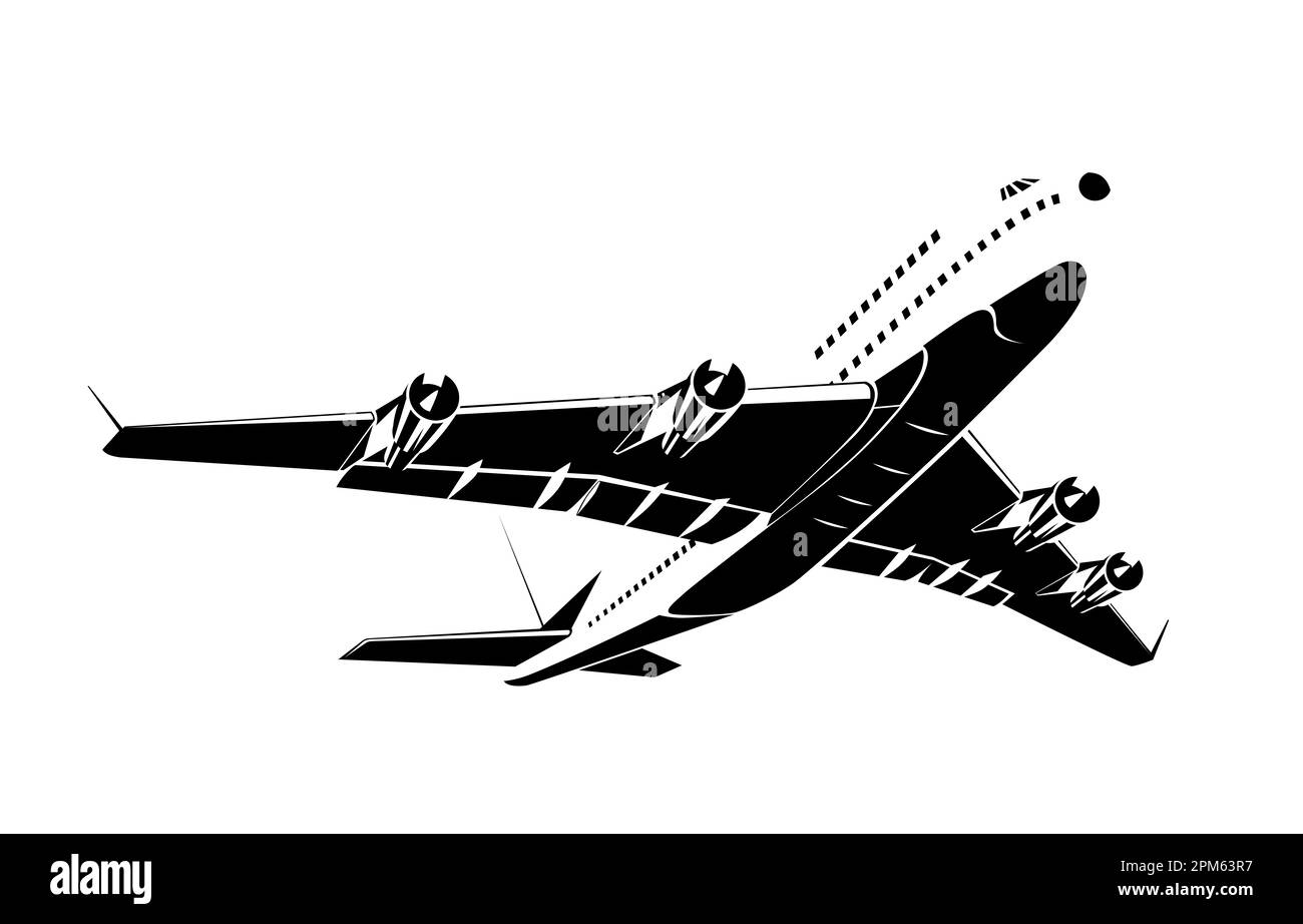 Illustration of a commercial jet plane airliner on flight flying overhead on isolated background done in retro style. Stock Photo