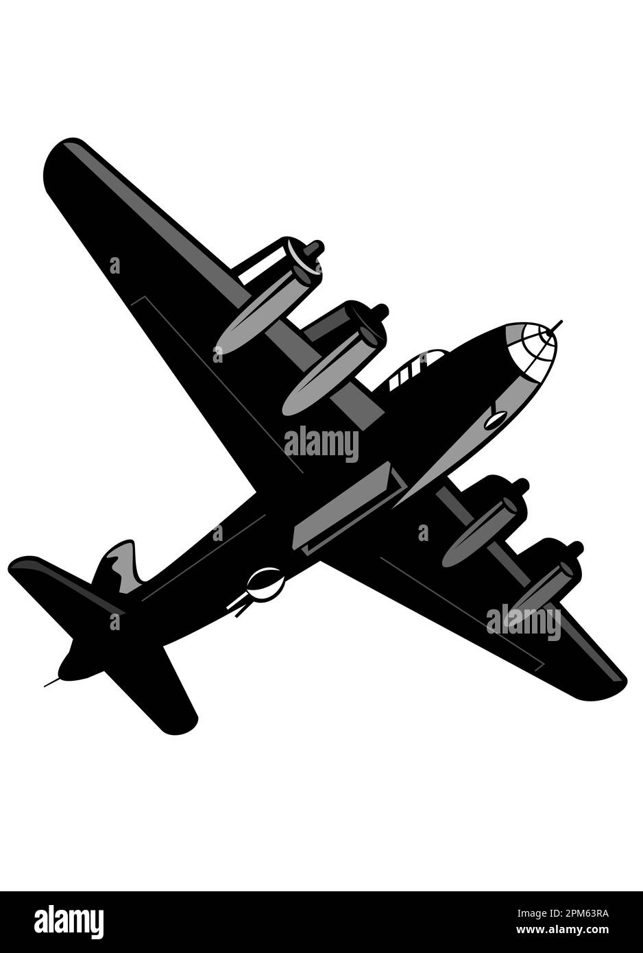 Illustration of a world war two Boeing B-29 Superfortress propeller bomber airplane in full flight flying viewed from low angle overhead on isolated b Stock Photo