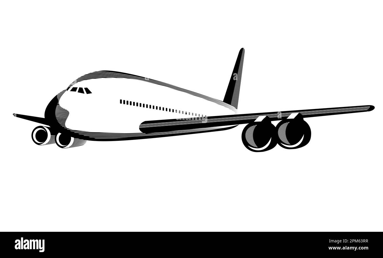 Illustration of an Airbus A380 commercial jet plane airliner on full flight flying up viewed from front on isolated background done in retro style. Stock Photo