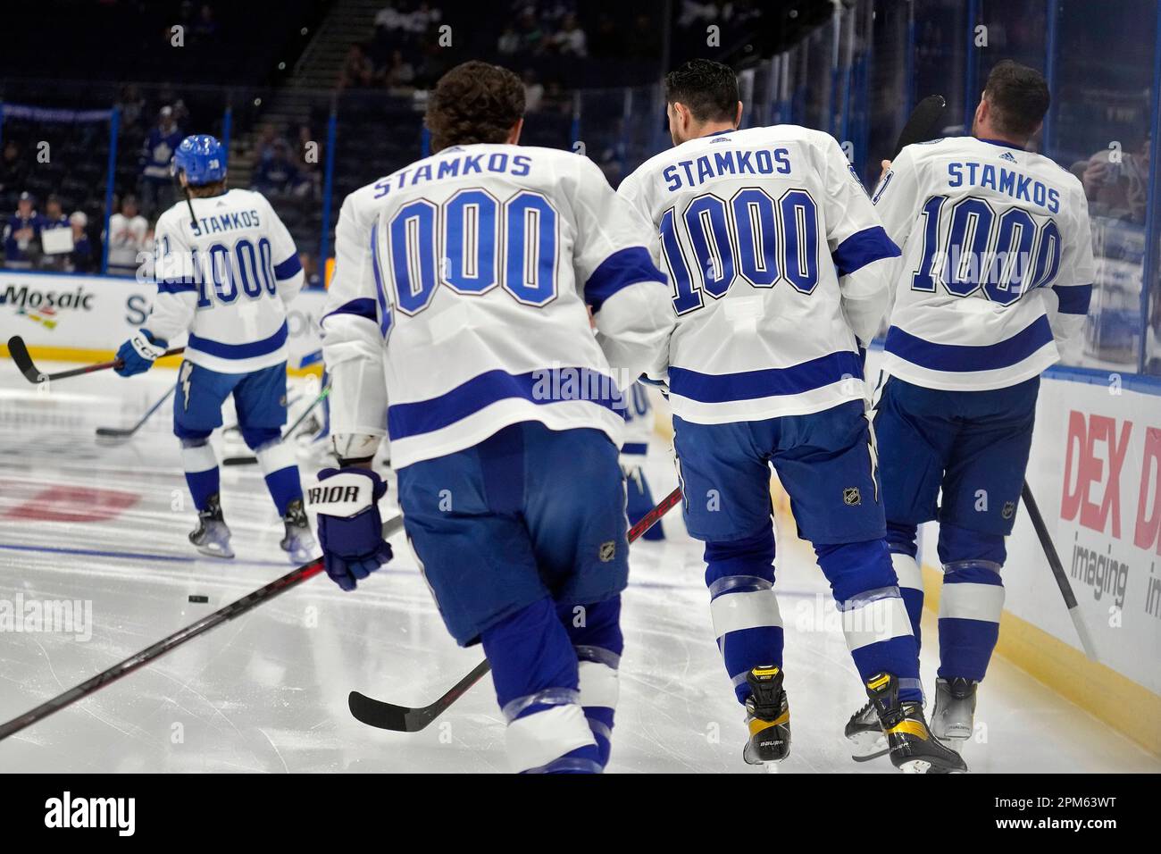 Members of the Tampa Bay Lightning wear Stamkos 1000 jerseys during warmups  before an NHL hockey game against the Toronto Maple Leafs Tuesday, April  11, 2023, in Tampa, Fla. The team is