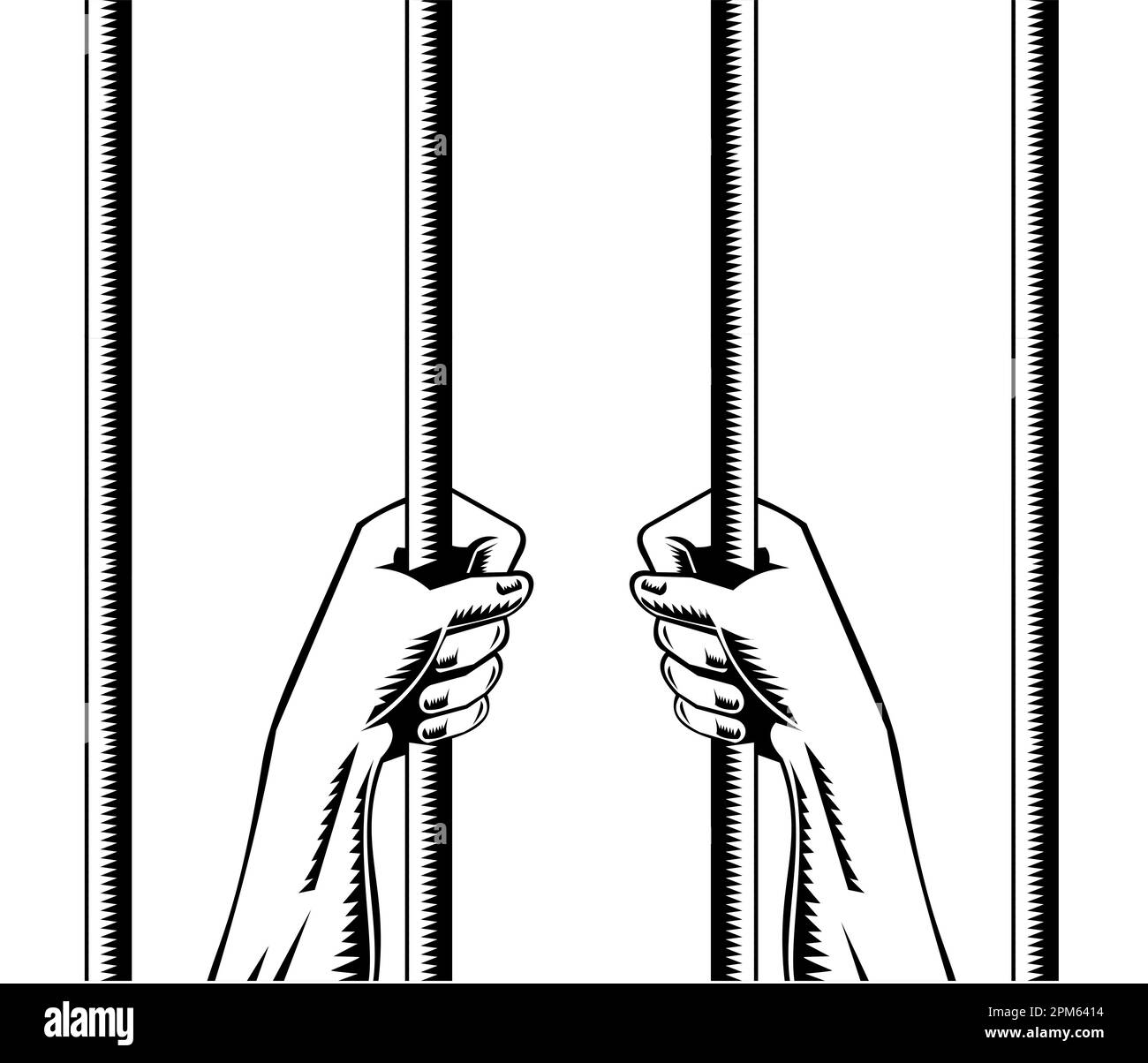 Illustration of a pair of prisoner hands holding gripping prison bar viewed from rear on isolated background done in retro woodcut style in black and Stock Photo