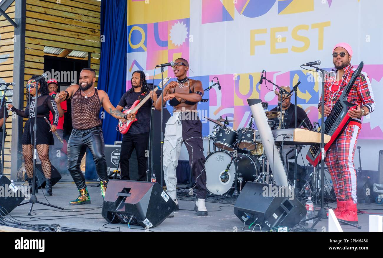 NEW ORLEANS, LA, USA - APRIL 1, 2023: Funk band, Waterseed,  performs at the NOEW Fest (free) at the Broadside in Mid City Stock Photo