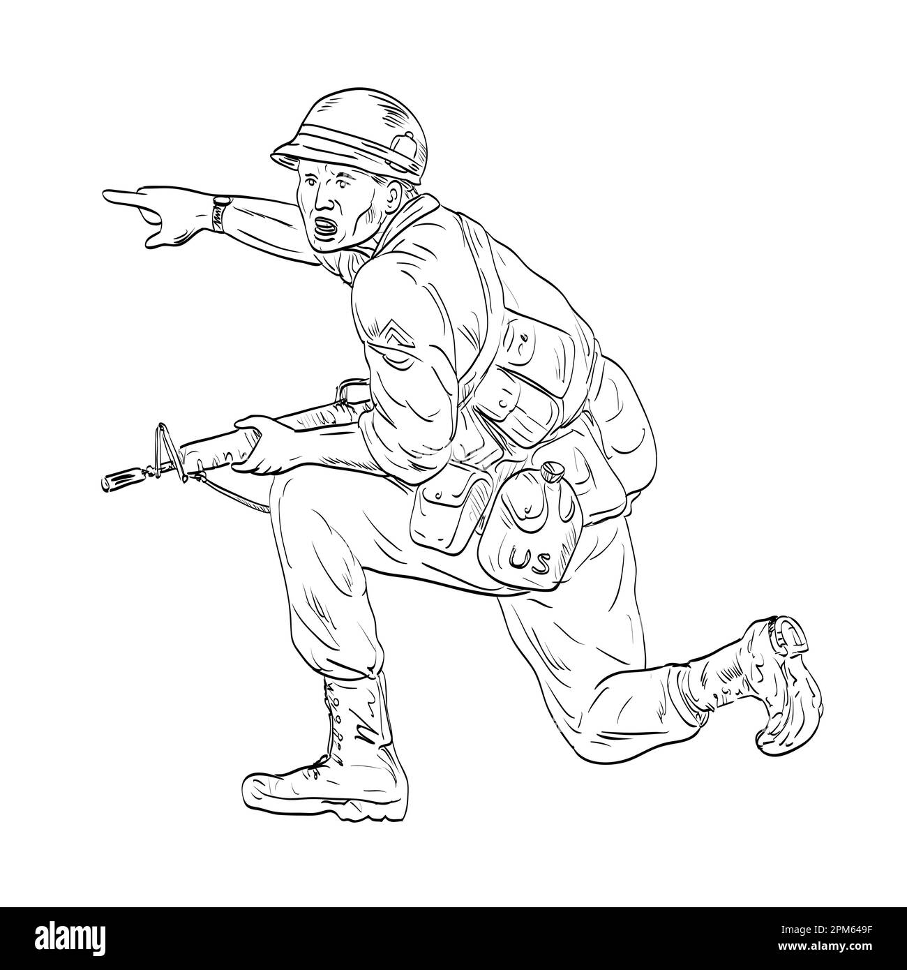 Line art drawing illustration of an American Vietnam War soldier with rifle kneeling pointing forward looking at viewer done in medieval style on isol Stock Photo