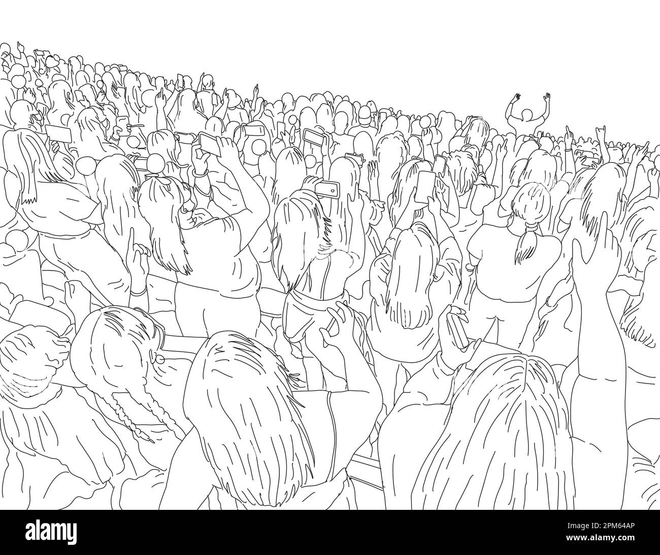 Line art drawing illustration of a large crowd of young people with cellphone or mobile phone at a live concert music event party festival on isolated Stock Photo