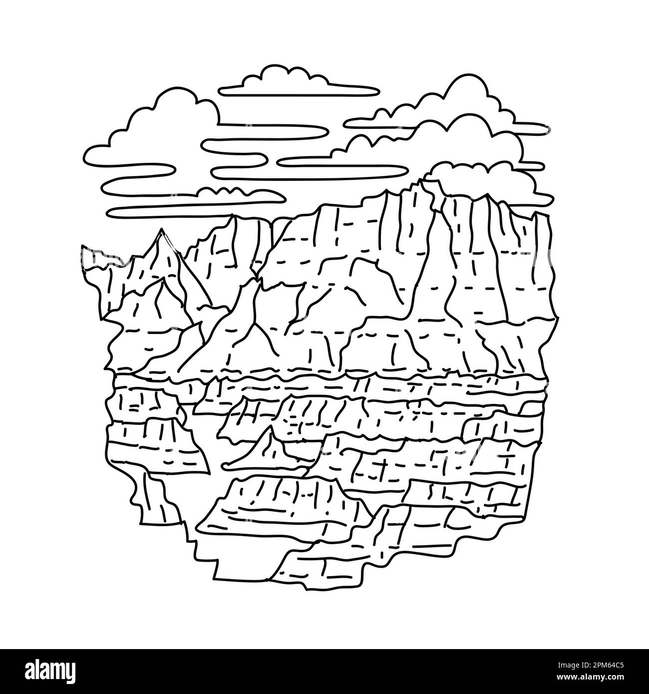 Mono line illustration of the Door Trail in Badlands National Park, South Dakota, United States done in black and white monoline line drawing art styl Stock Photo