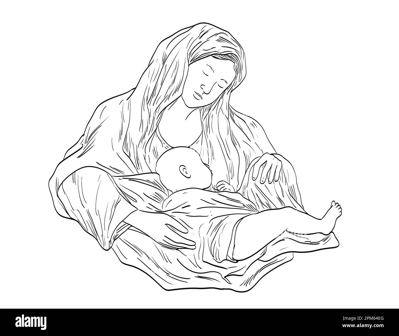 Line art drawing illustration of Madonna and the baby child Jesus done