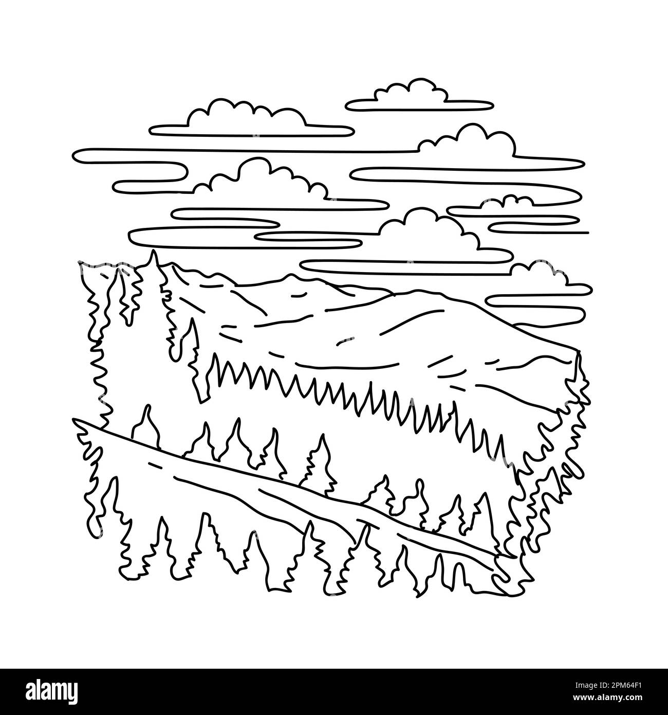 Mono line illustration of Mount Hoffmann in northeastern Mariposa County in the center of Yosemite National Park, California, United States done in bl Stock Photo