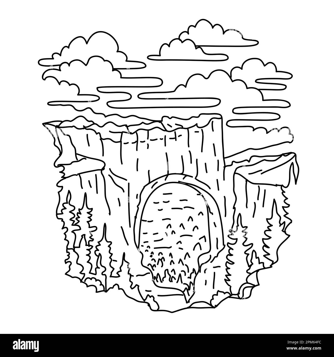 Mono line illustration of natural bridge in Bryce Canyon National Park, southwestern Utah, United States done in black and white monoline line drawing Stock Photo