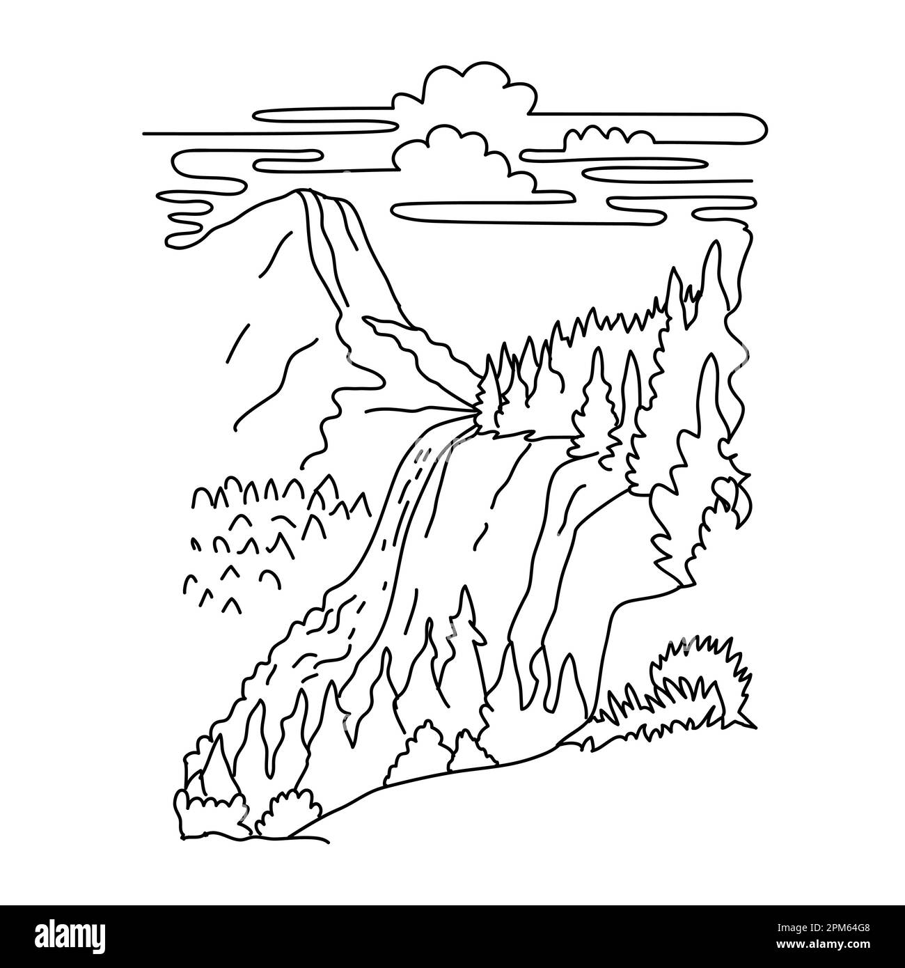 Mono line illustration of Nevada Fall below the Liberty Cap on the Merced River in Yosemite National Park, California United States done in black and Stock Photo