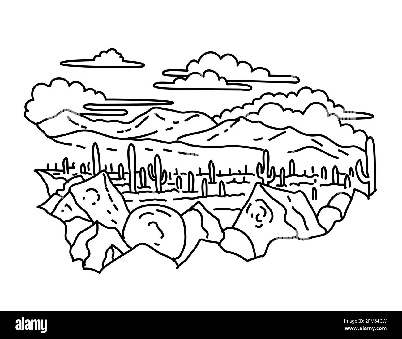 Mono line illustration of Signal Hill with petroglyph site in Tucson Mountain district of Saguaro National Park, Arizona, United States done in black Stock Photo