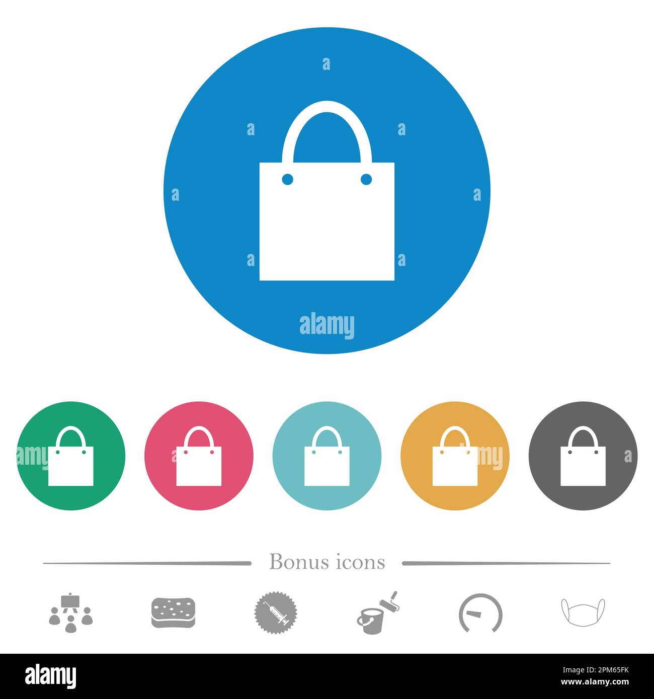 Shopping bag flat white icons on round color backgrounds. 6 bonus icons ...