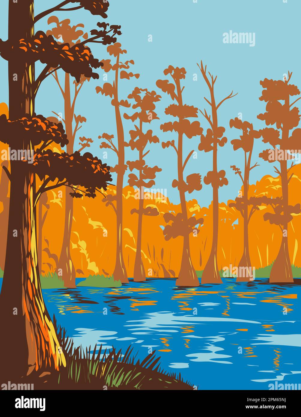 WPA poster art of Cane Creek State Park with Bayou Bartholomew on north bank of Cane Creek Lake in Lincoln County, Arkansas, United States of America Stock Photo